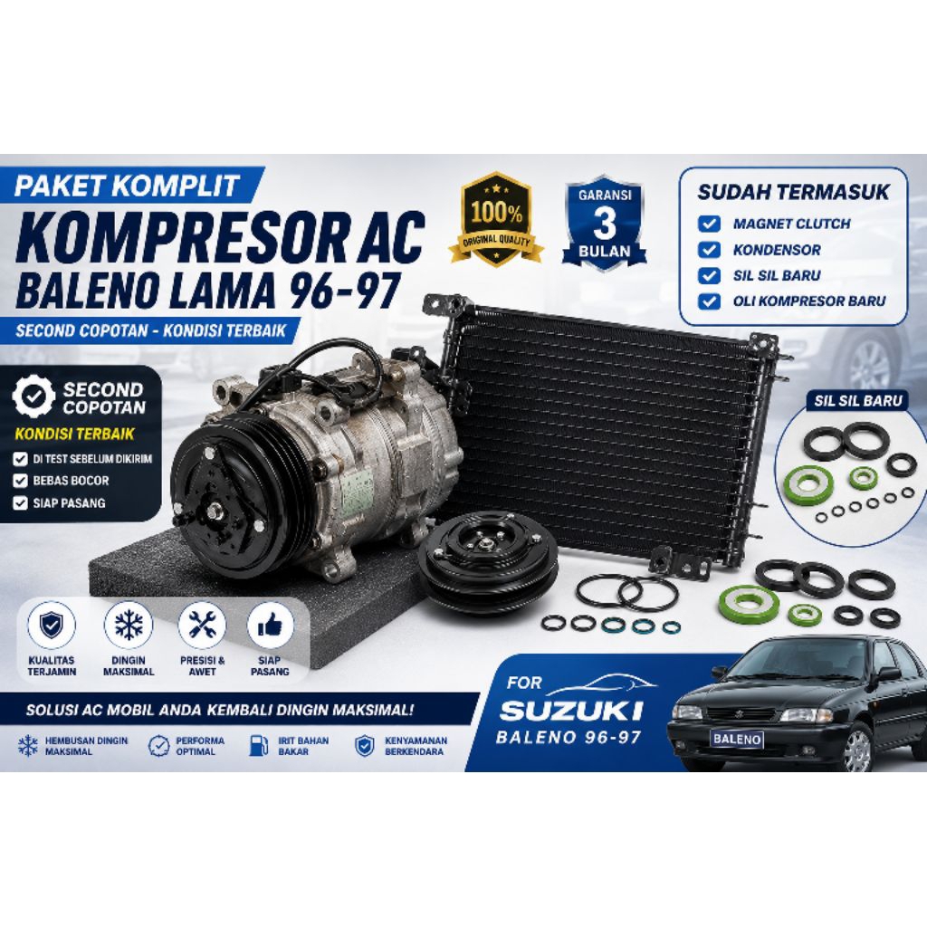 Kompresor plus kondensor set puly magnet clutch Ac Mobil bekas copotan Suzuki Baleno 96- 97 lama Com