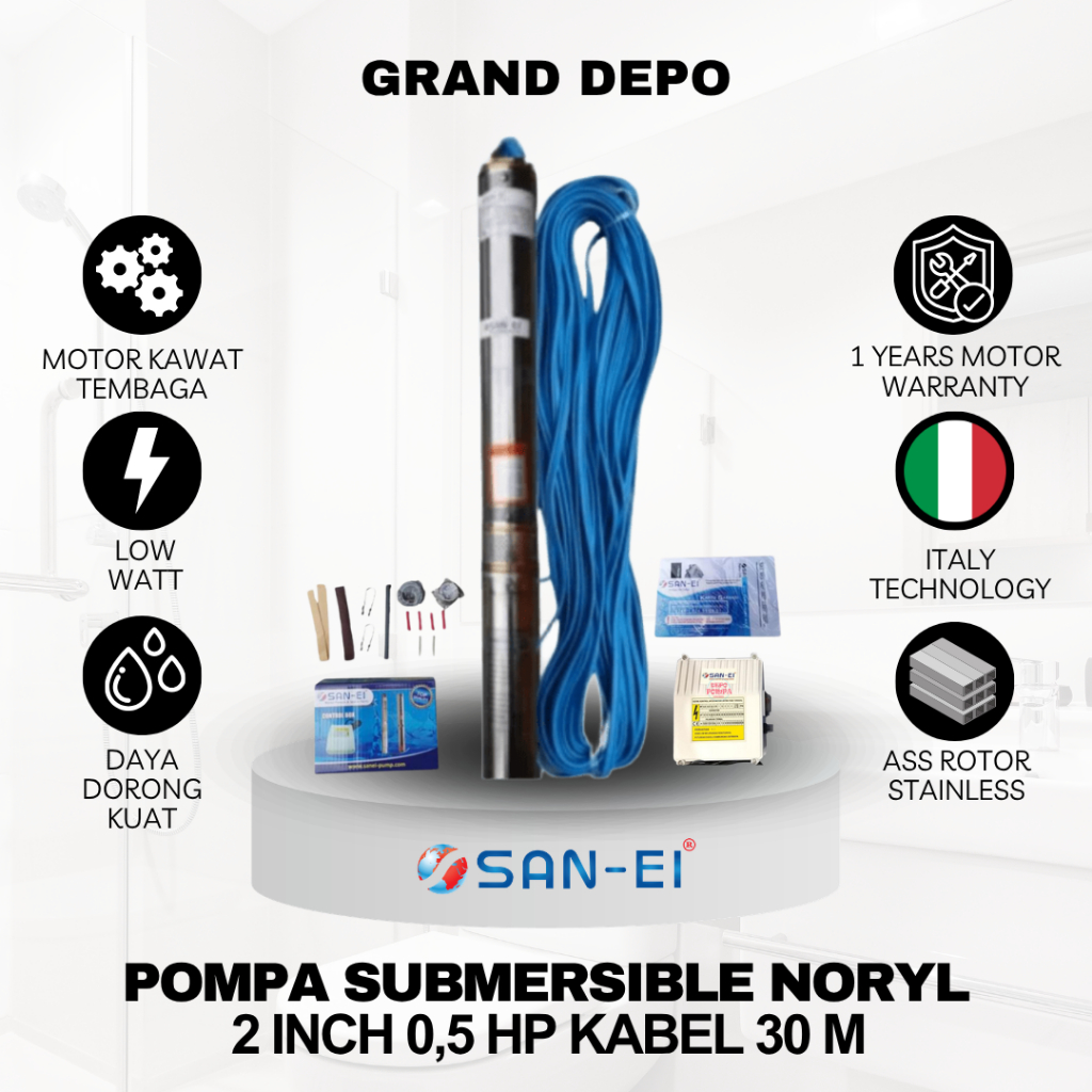 San Ei Pompa Air Satelit 2 inch 0.5 HP + Kabel 30 Meter Noryl / Pompa Submersible San Ei