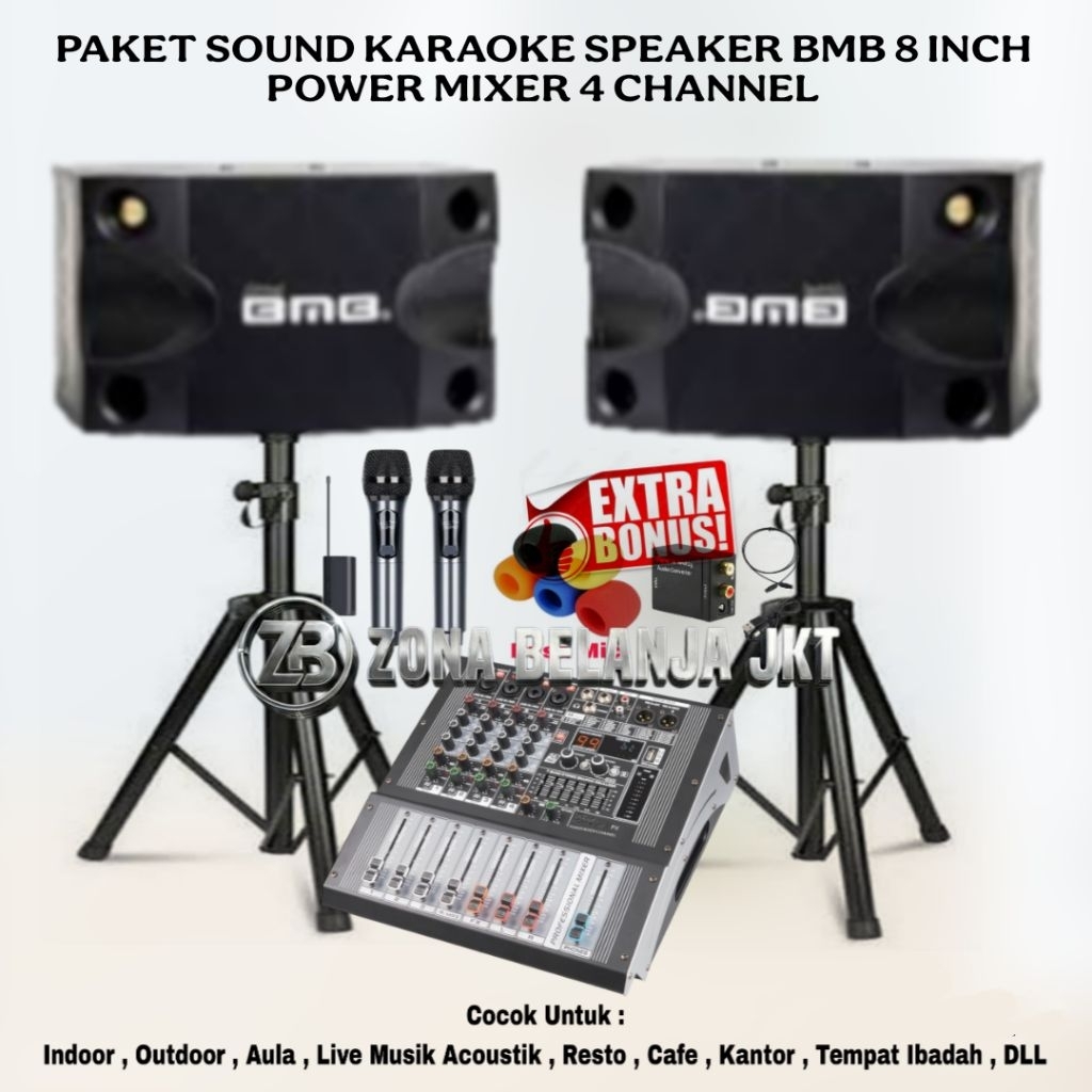 PAKET KARAOKE LIVE MUSIK SOUND SYSTEM BMB SPEAKER 8 INCH POWER MIXER 4 CHANNEL USB BLUETOOTH MIC ORI