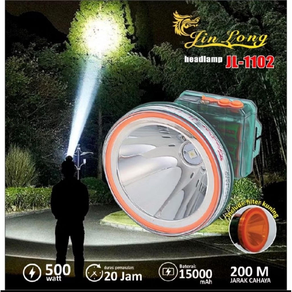 Senter Kepala Headlamp Jinlong JL 1102 waterproof Tahan air 500 watt Cahaya Putih