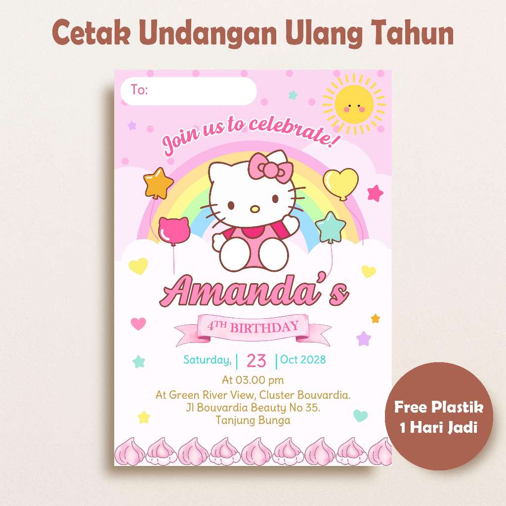 Cetak Undangan Ulang Tahun Hello Kitty - Undangan Ultah Anak - Free Plastik