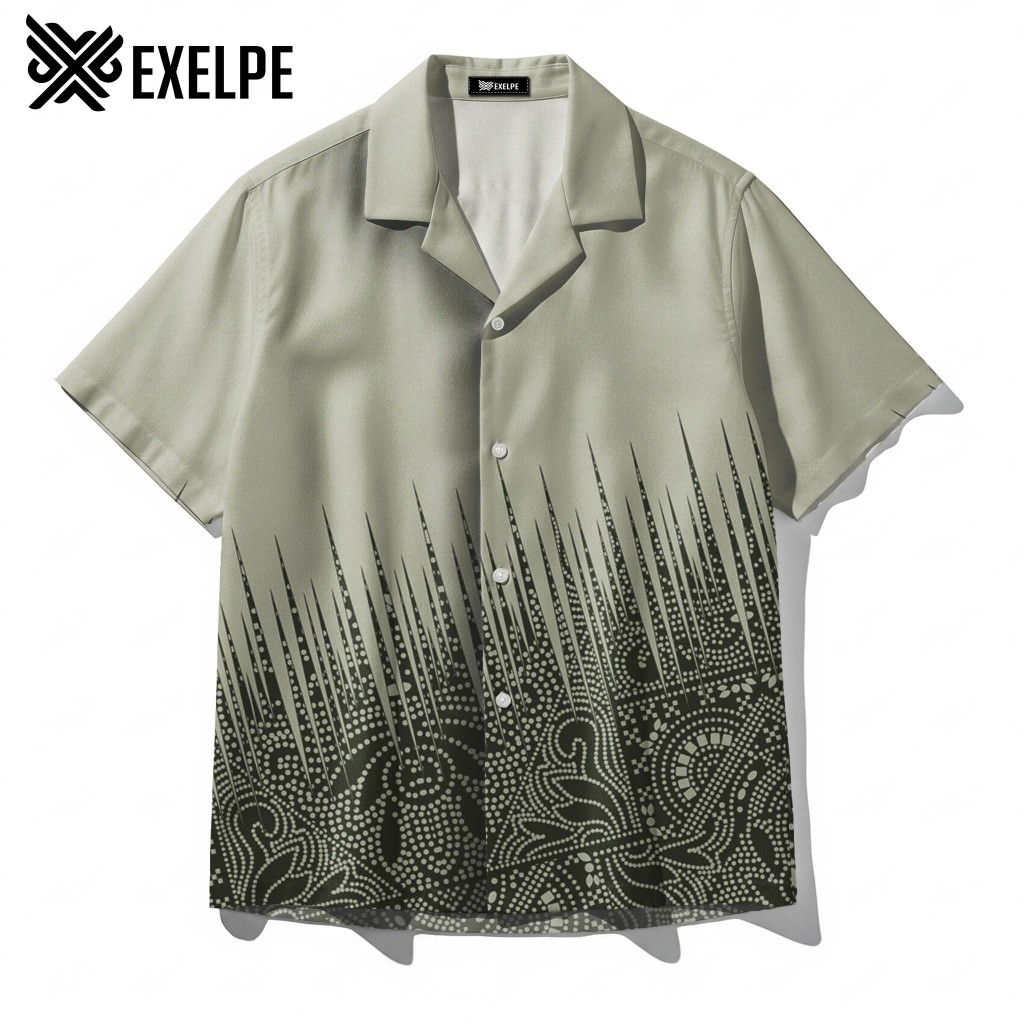 EXELPE Kemeja Ethnic Pointillism Pattern Sage Green Unisex Desain Unik dan Artistik Premium