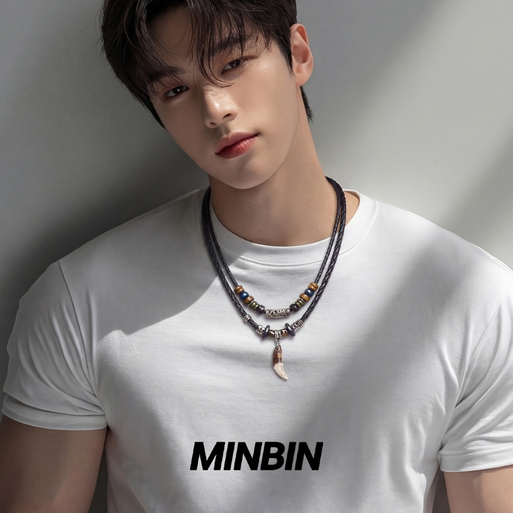 MINBIN Kalung Pria Tali Kulit Liontin Taring Retro Anti Karat Gaya Bohemian Pria