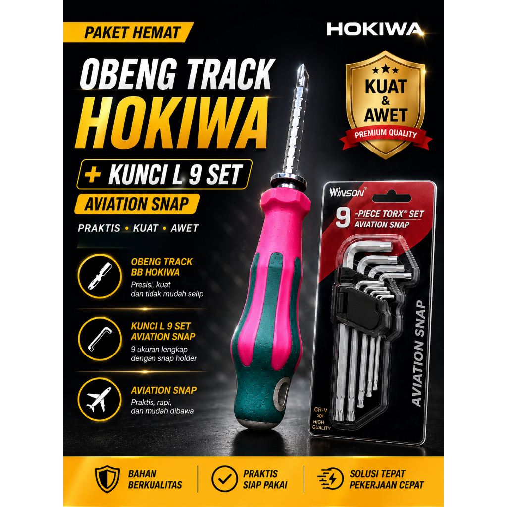 aket Obeng Track Bolak Balik + Kunci L 9 Set Multifungsi | Obeng Magnet Bolak Balik | Kunci L Lengka
