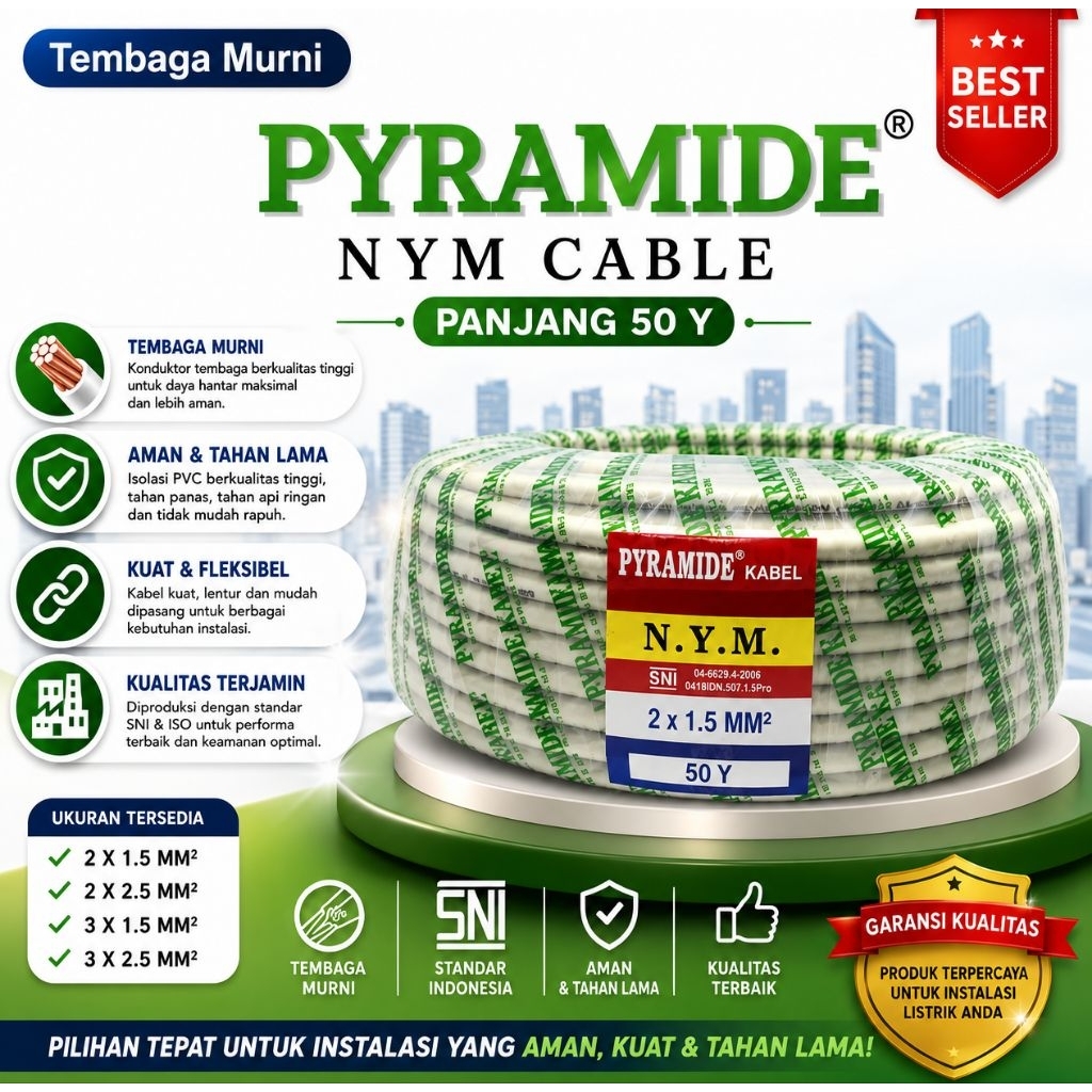 Kabel Listrik /  NYM Pyramide 2 x 1.5 kabel Listrik 50 YARD / Kabel tembaga / Kabel kawat 1 Roll SNI