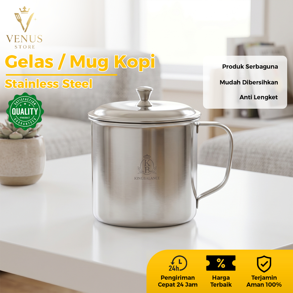 Venus Store Cangkir Stainless Steel Tahan Panas Ukuran 10/12/14Cm + Tutup Mug Tebal Anti Karat 520A