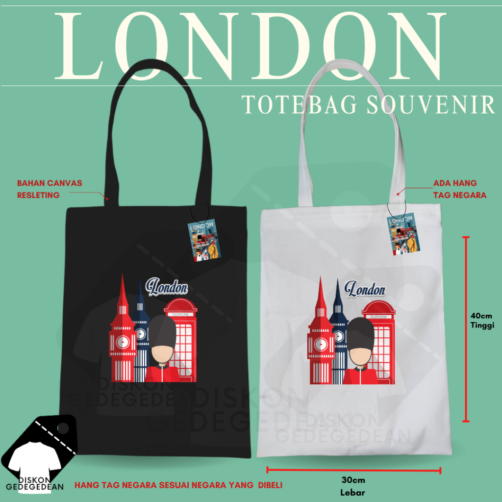 Diskongedegedean Totebag London Souvenir Tas Oleh Oleh London Kanvas Resleting 4