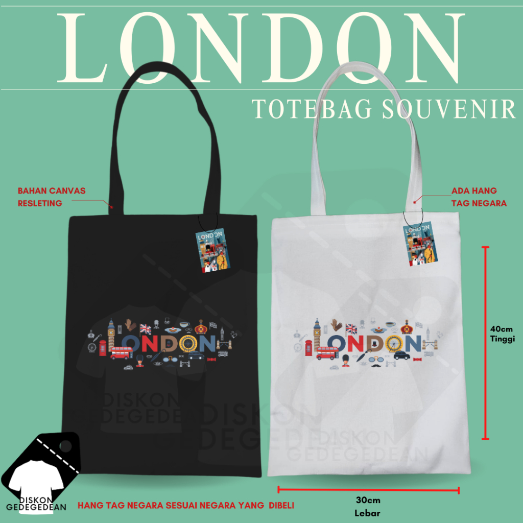 Diskongedegedean Totebag London Souvenir Tas Oleh Oleh London Kanvas Resleting 4