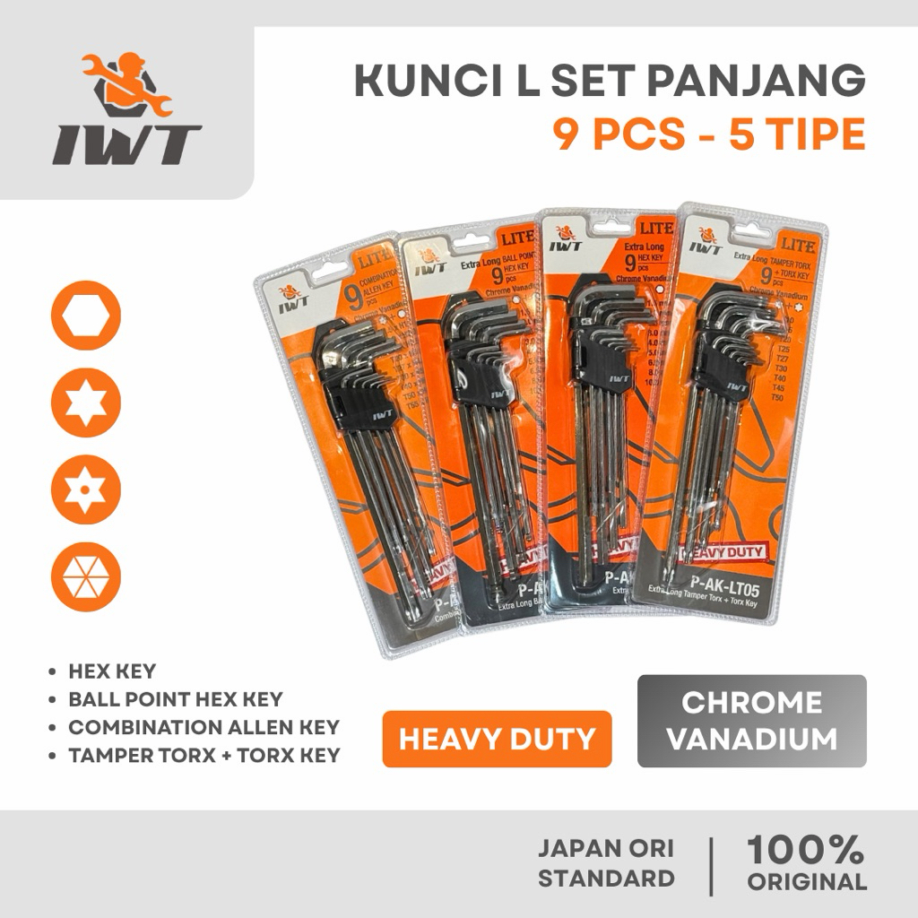 Kunci L set panjang 9 pcs IWT LITE JAPAN HEX-HEX/FLAT-BALL/TORX-TORX/FLAT-TORX HEAVY DUTY EXTRA LONG