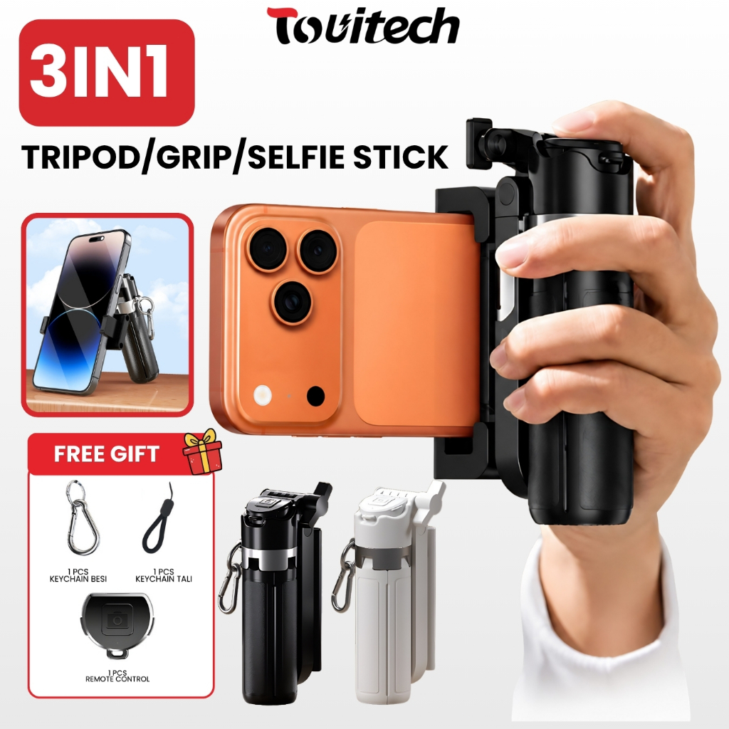 TOUITECH Tongkat Selfie Mini 3IN1 Tripod Grip Portable Remote Bluetooth Nirkabel 10M, Penyangga HP 3