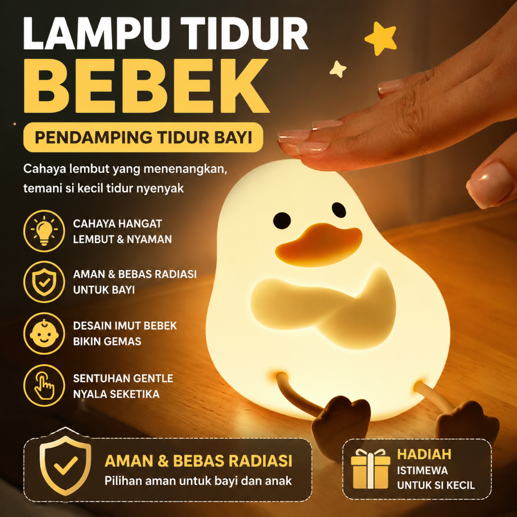 Lampu Tidur Bebek Bayi – Cahaya Hangat, Aman Tanpa Radiasi, Pendamping Tidur Anak, Desain Imut & Nya
