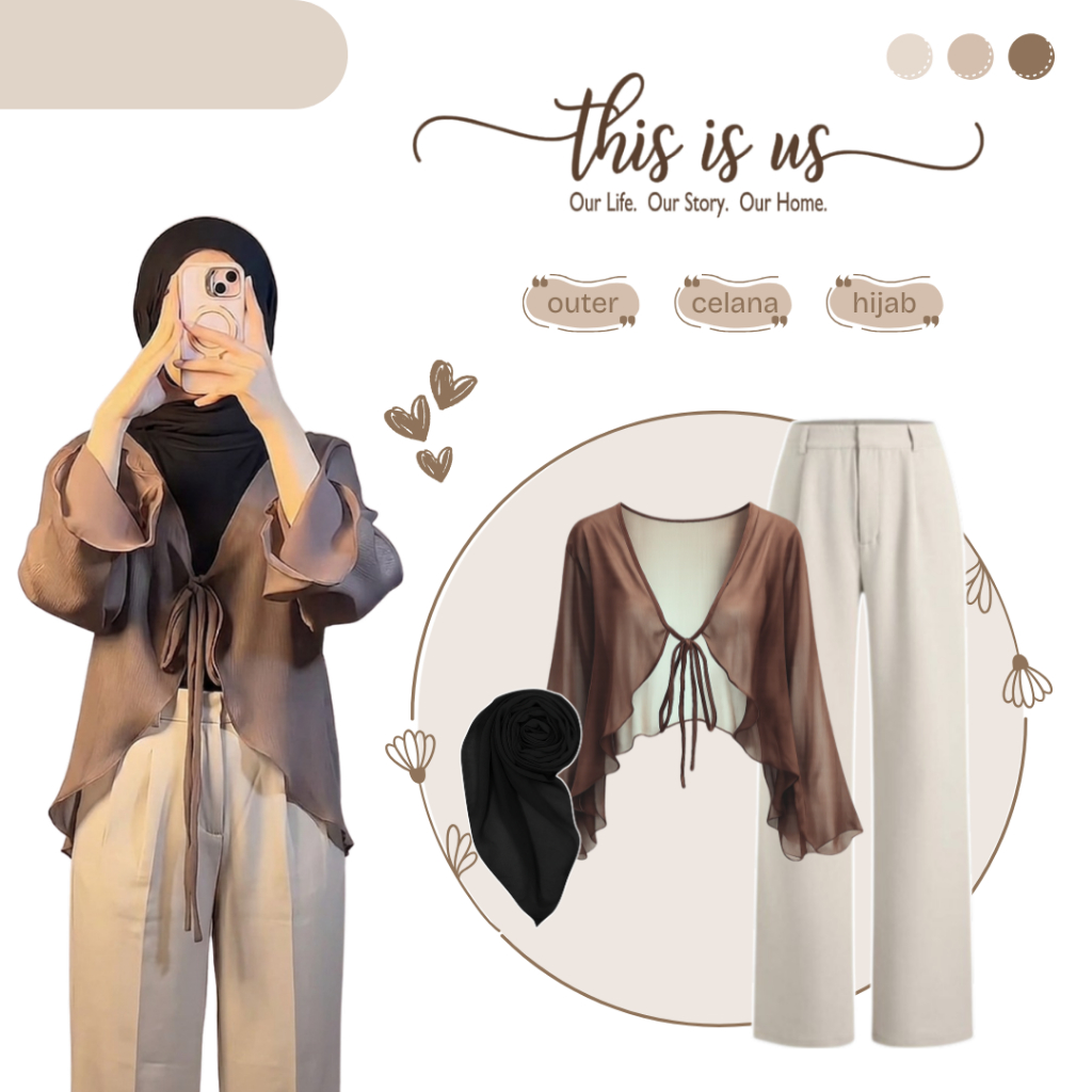 One Set Wanita Terkini | Outer + Celana Ivory + Hijab Bella | Satu Set Outfit Cewek - AM256N