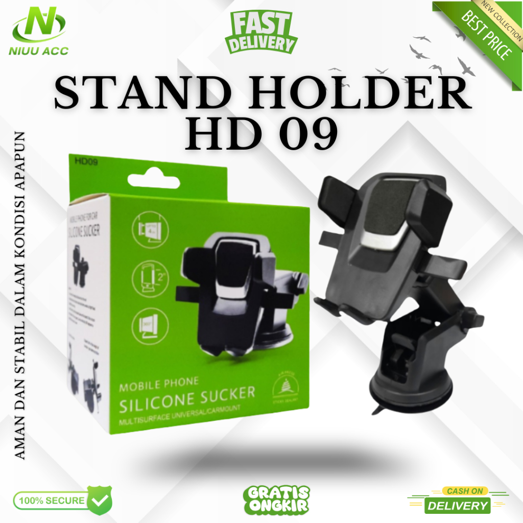 CAR HOLDER STAND HP HD09 FOLDING UNIVERSAL KACA DABOT PHONE MOBIL HD-09 HITAM