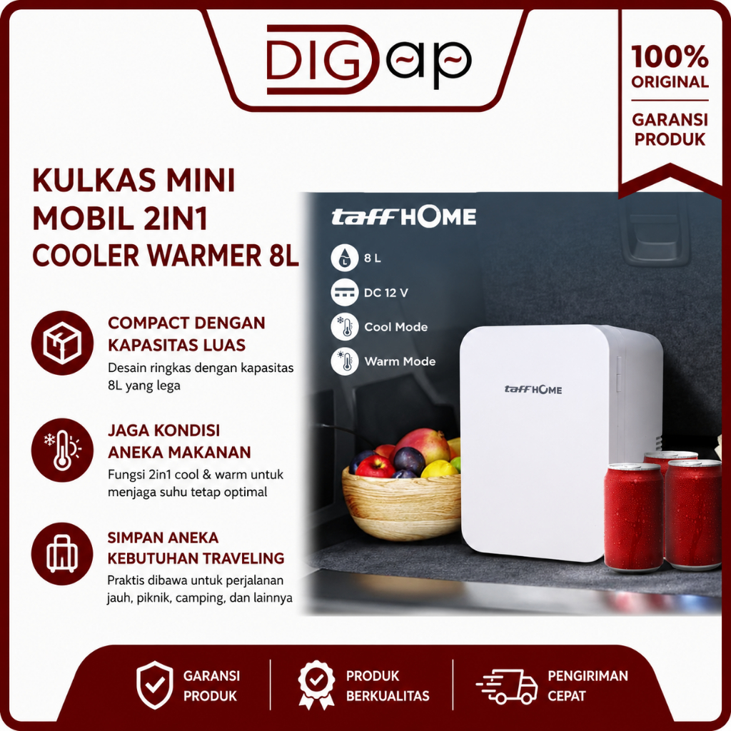 DIGAP Kulkas Portable Mini Untuk Mobil Multifungsi 2in1 Cooler Warmer Ukuran 8L