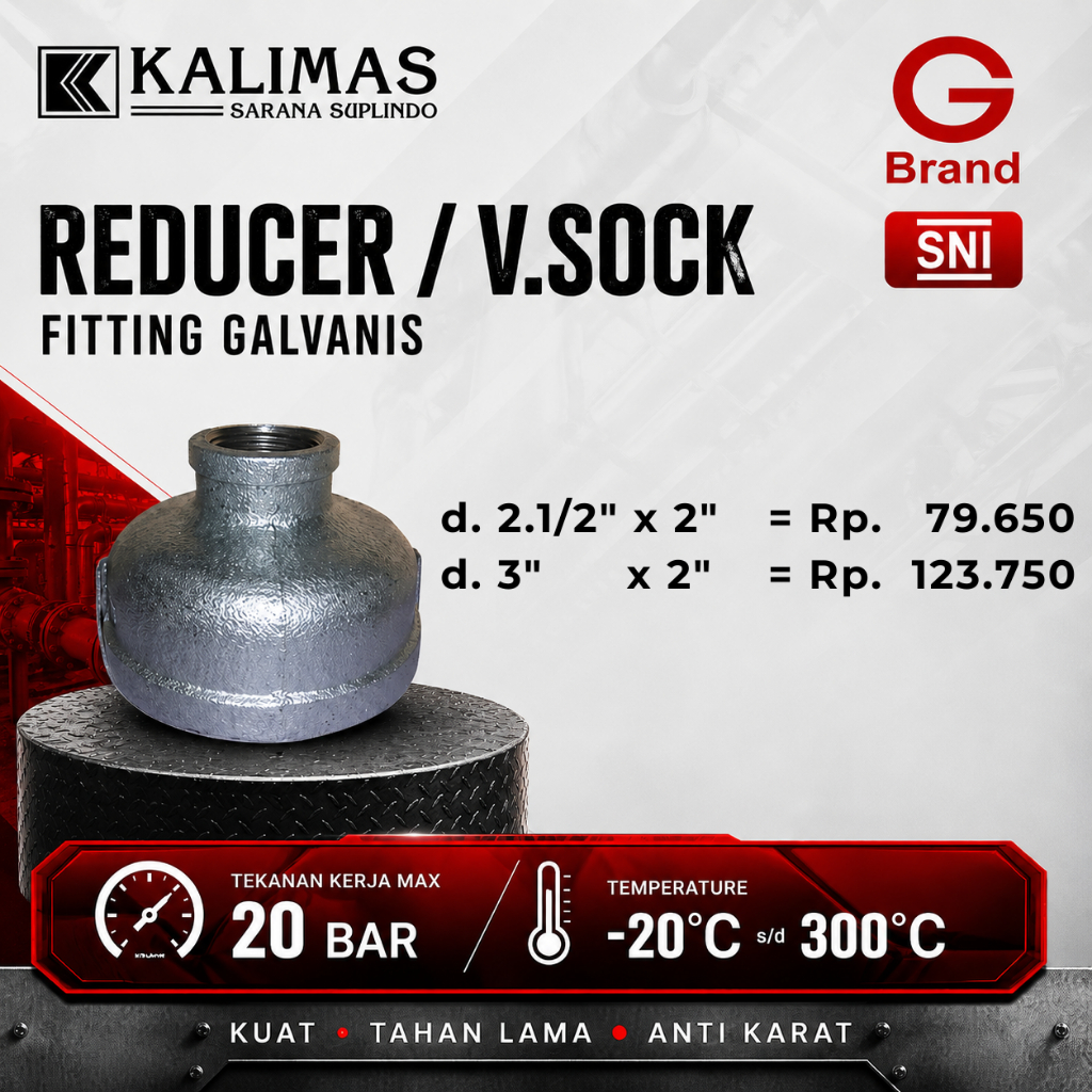 Reducer / V. Sock Galvanis Besi d. 2 1/2" - 3" Drat BSPT (G) | Sambungan fitting pipa besi