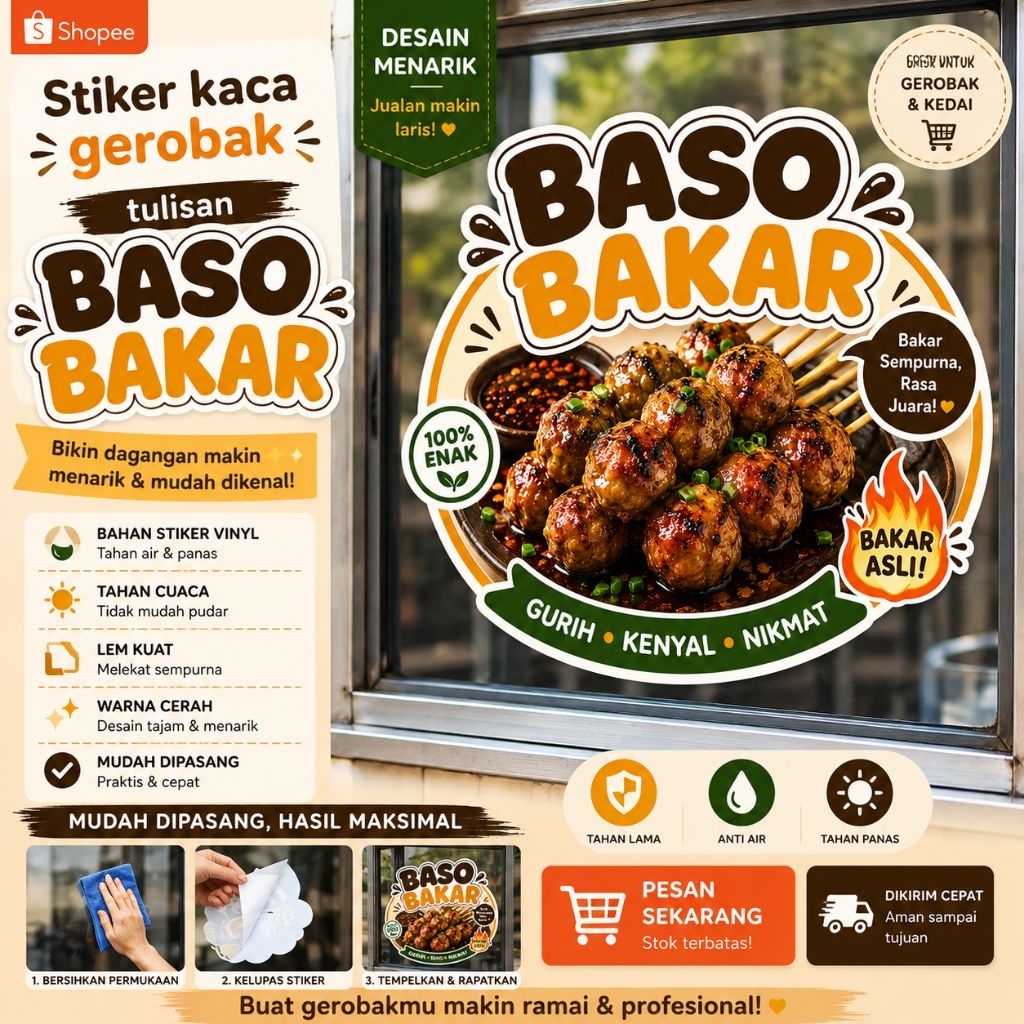 stiker kaca gerobak tulisan baso bakar