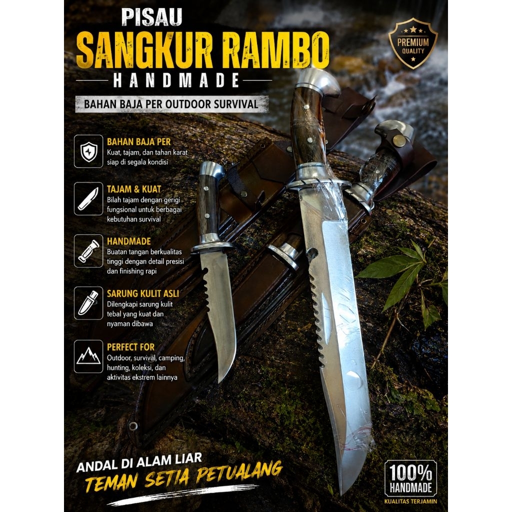 Pisau Rambo Survival - Outdoor Berburu Sarung Kulit