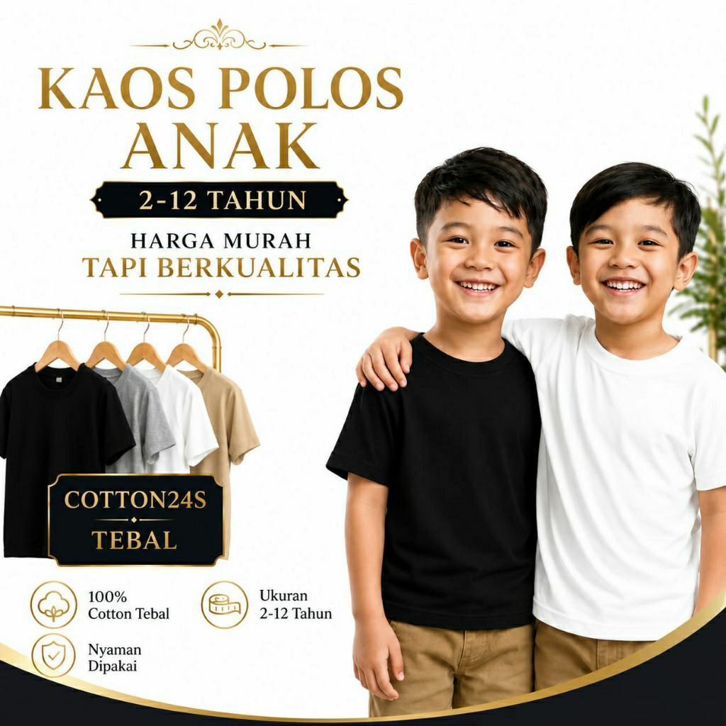 KAOS POLOS ANAK WARNA "PUTIH" 2-12 TAHUN PREMIUM KATUN 24S TEBAL ADEM LAKI LAKI PEREMPUAN