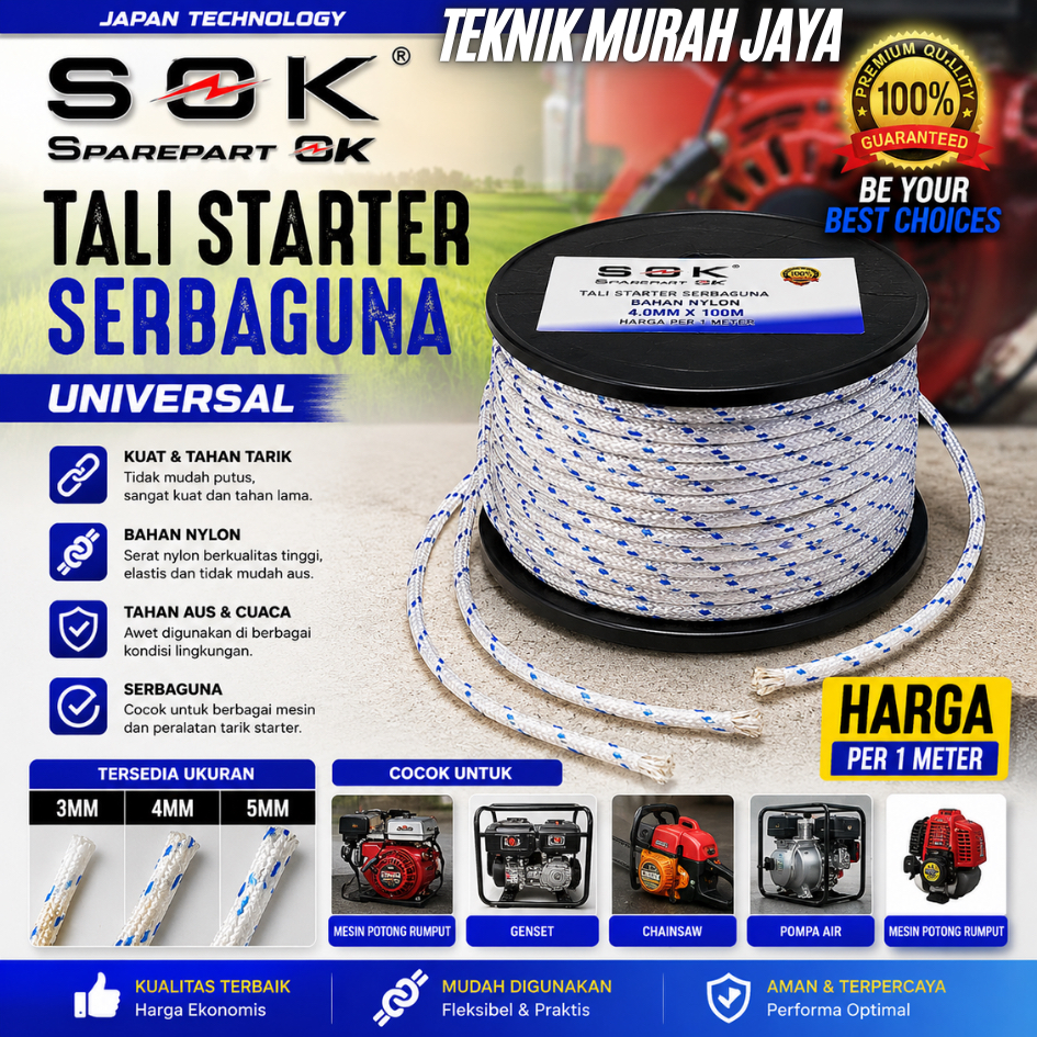 SOK FLOKY Tali Stater 3mm 4mm 5mm ECER 1 METER Tali Pullstarter Engkol Nylon Mesin Serbaguna Potong 