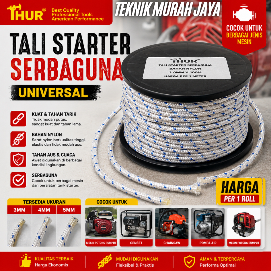 THUR Tali Stater 3mm 4mm 5mm 1 ROLL 100 METER / 100 M Tali Pullstarter Nylon Serbaguna Potong rumput