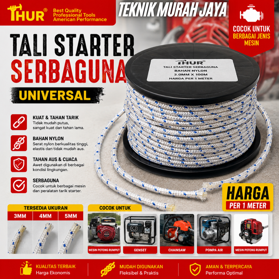 THUR Tali Stater 3mm 4mm 5mm ECER 1 METER Tali Pullstarter Engkol Nylon Mesin Serbaguna Potong rumpu