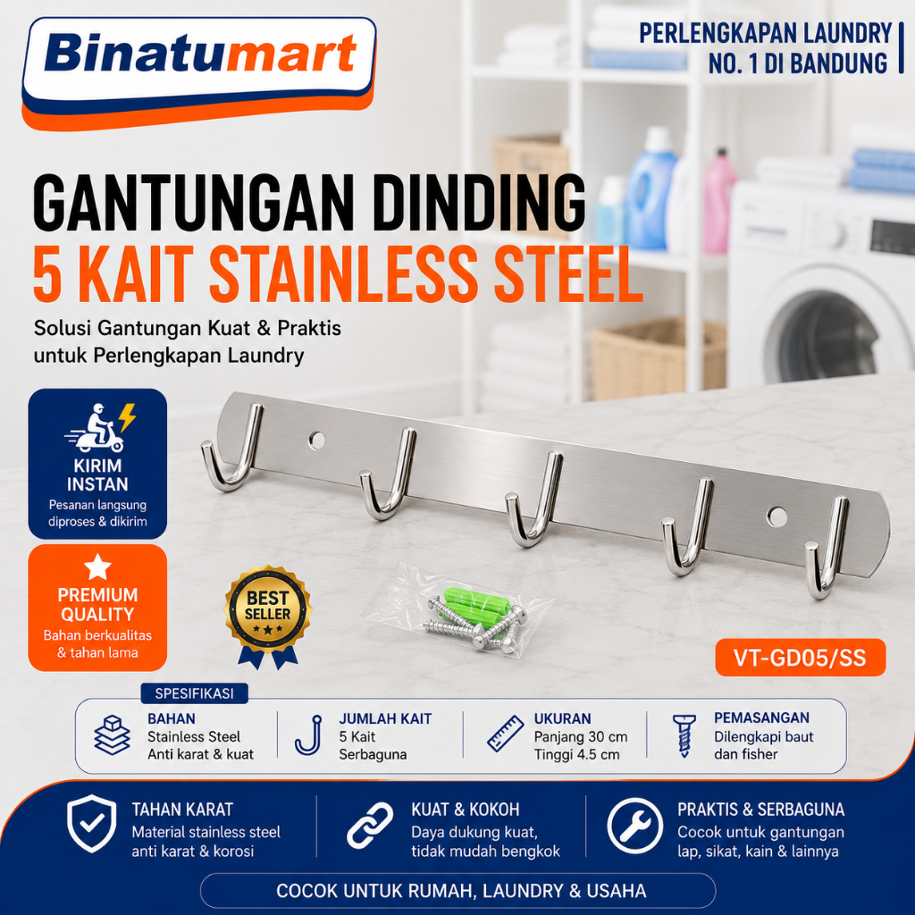 Kapstok Gantungan Dinding 5 Kait Stainless Steel | Panjang 30cm Free Baut Fisher