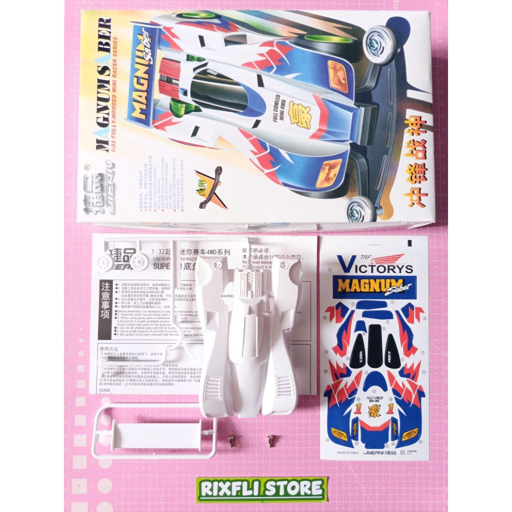 Body Tamiya KIT JIEPIN Series MAGNUM SABER SUPER 1 CHASSIS Warna White Doff Dapat Box nya Part Copot