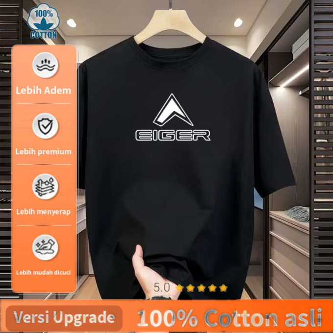Kaos Hitam Logo "Eiger" Silver - 100% Katun Premium Adem Nyaman
