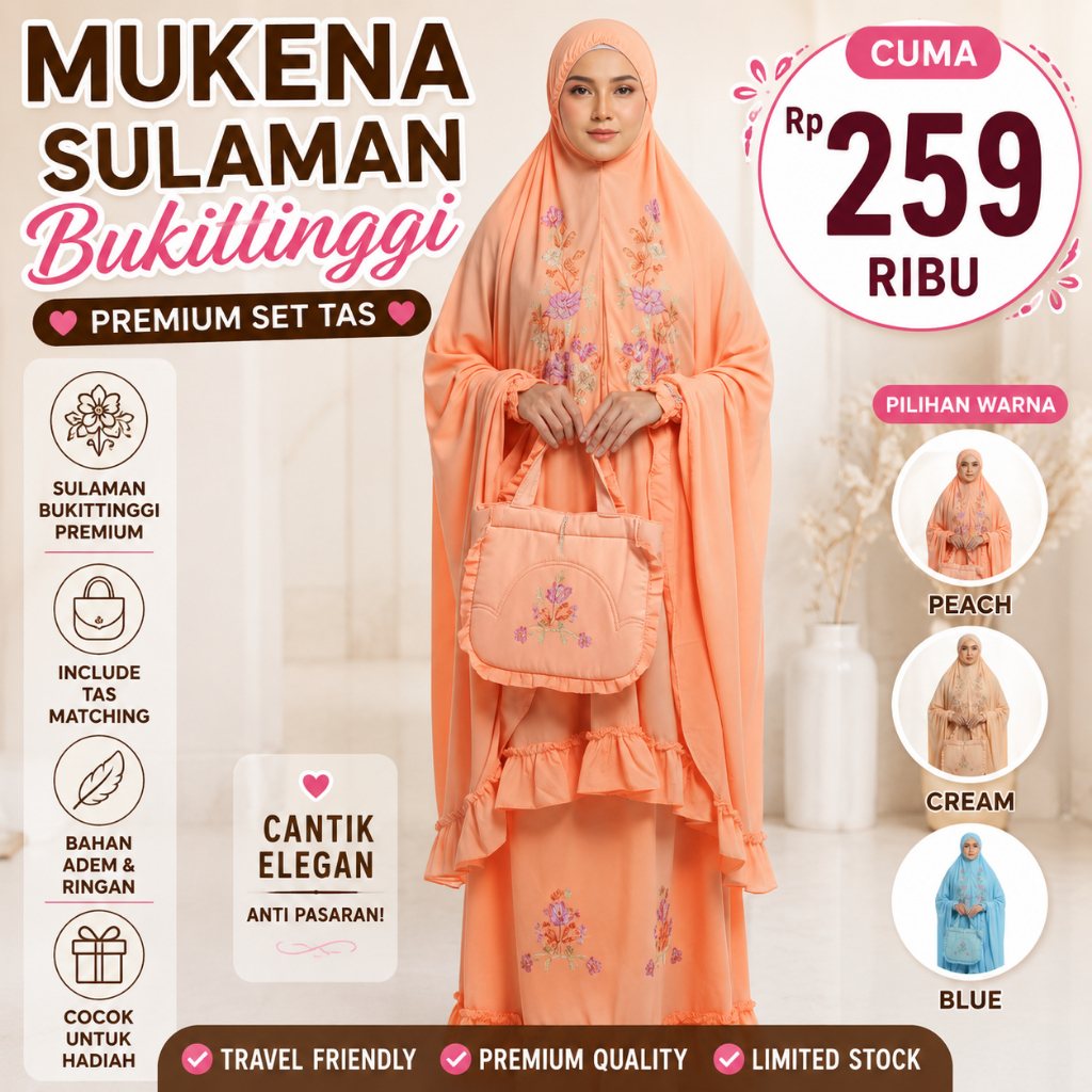 Mukena Sulaman Bukittinggi Premium Set Tas | Mukena Bordir Cantik Travel Wanita