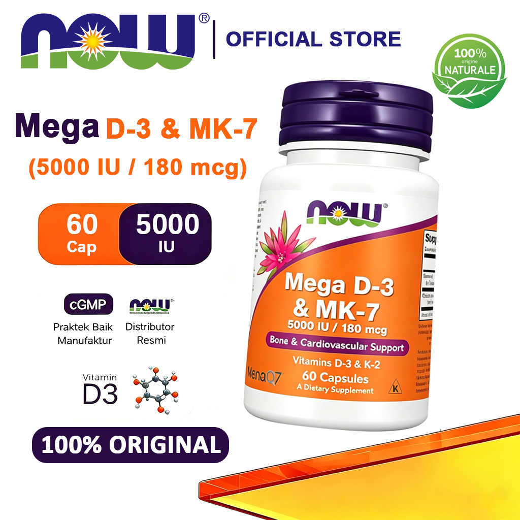 NOW Foods Vitamin Mega D3 & MK7 5000 IU / 180 mcg 60 Capsules- jantung hipertensi kolestrol[Baru][10