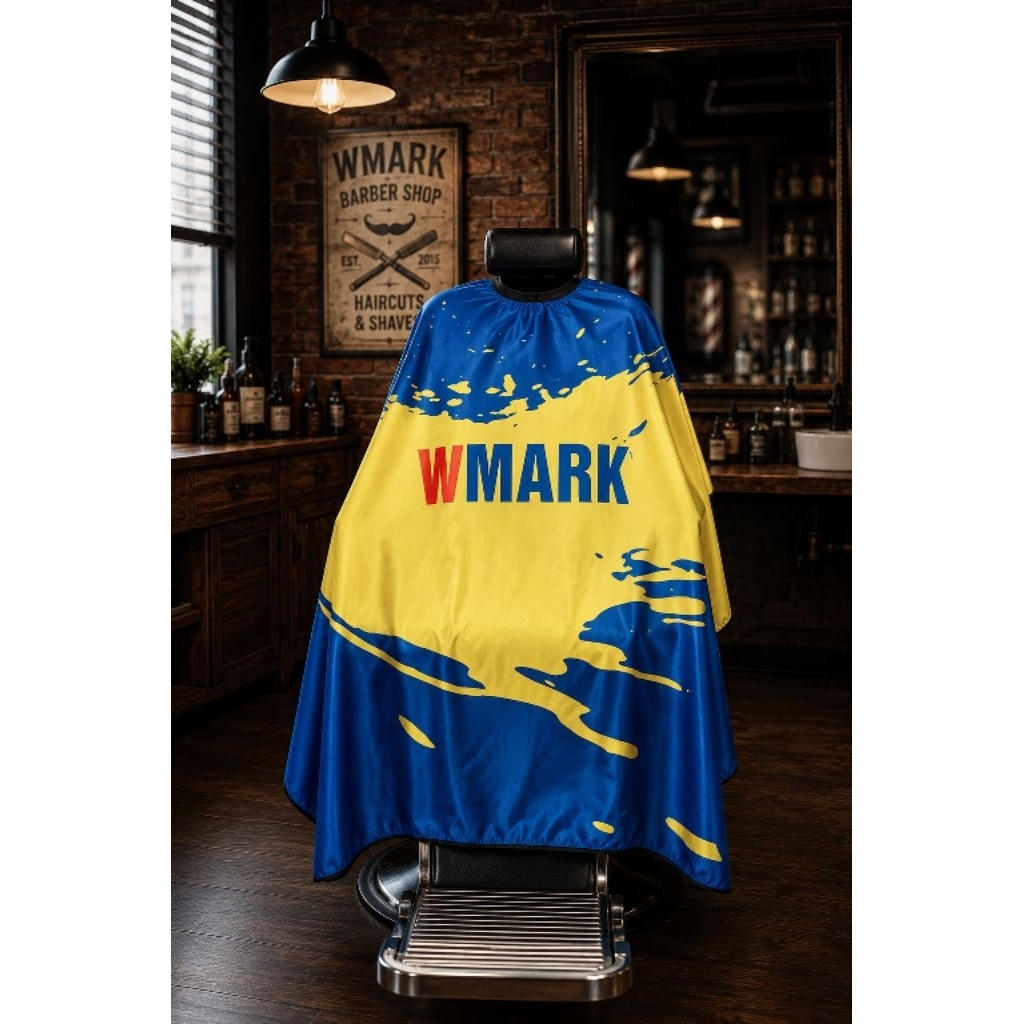 Kain Cape Barber WMARK Premium Motif Biru Kuning – Kain Cukur Rambut Salon Barbershop Dewasa 160x140