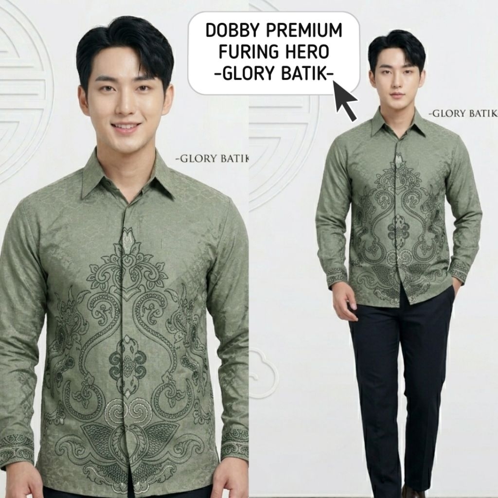 Baju Batik Pria Dobby Hijau Sage Premium Atasan Batik Pria Lengan Panjang Bahan Dobby | Baju Batik P