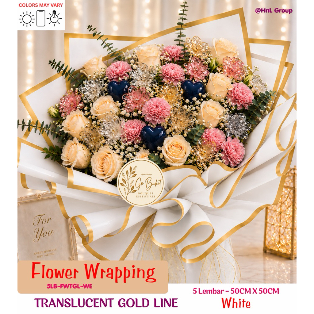 ( 5 Lembar ) TRANSLUCENT GOLD LINE - FLOWER WRAPPING PAPER CELLOPHANE GOLD LINE COLOR