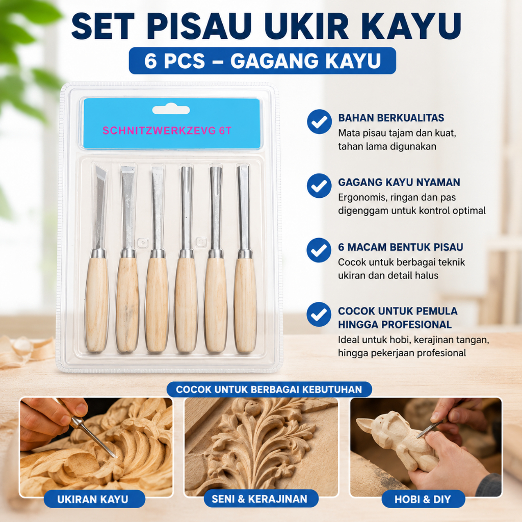 Set Pisau Ukir Kayu 6 PCS Gagang Kayu Pahat Ukir Kayu