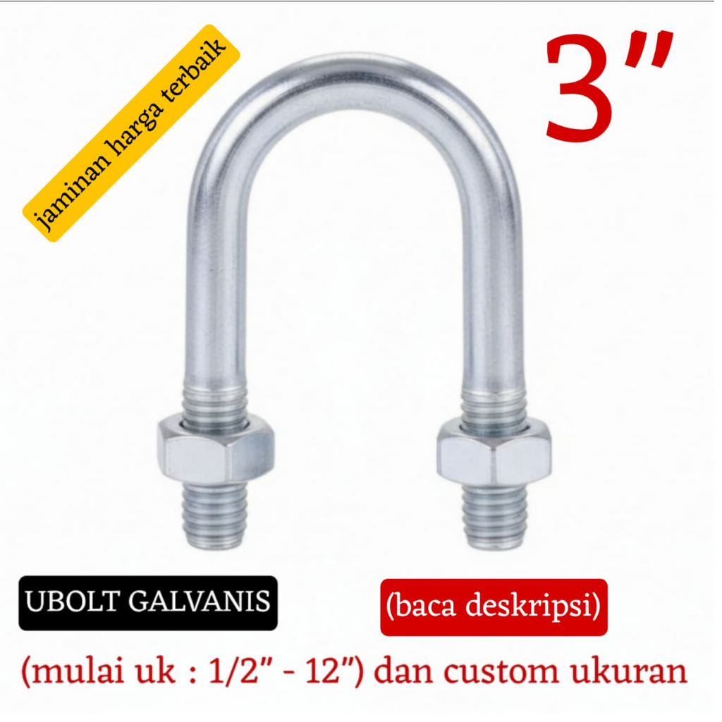Ubolt 3" inch (galvanis) (termasuk 2 mur) / U bolt 3" inch - harga per pcs