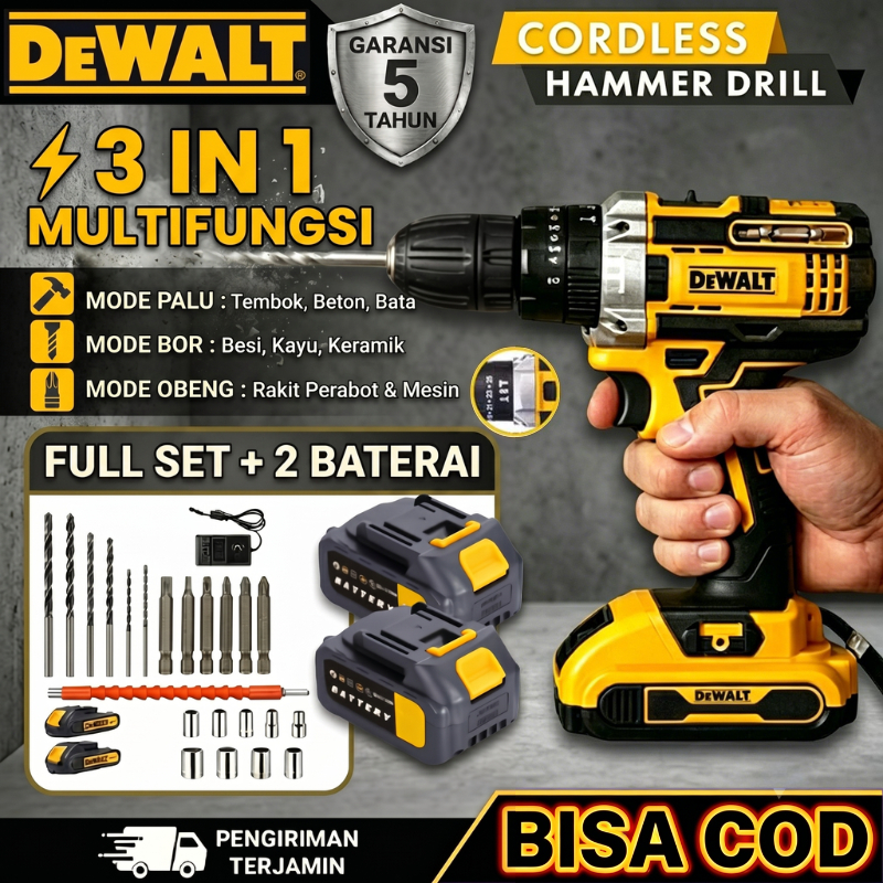 [COD+Garansi] Mesin Bor Baterai DEWALT 1288V Bor Cas 3 in 1 Tanpa Kabel Impact Beton Besi Kayu 1 Set
