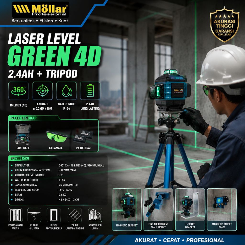 LASER LEVEL GREEN 4D 16 LINES MOLLAR 4D-LEMS LASER LEVEL METER IP54 + TRIPOD