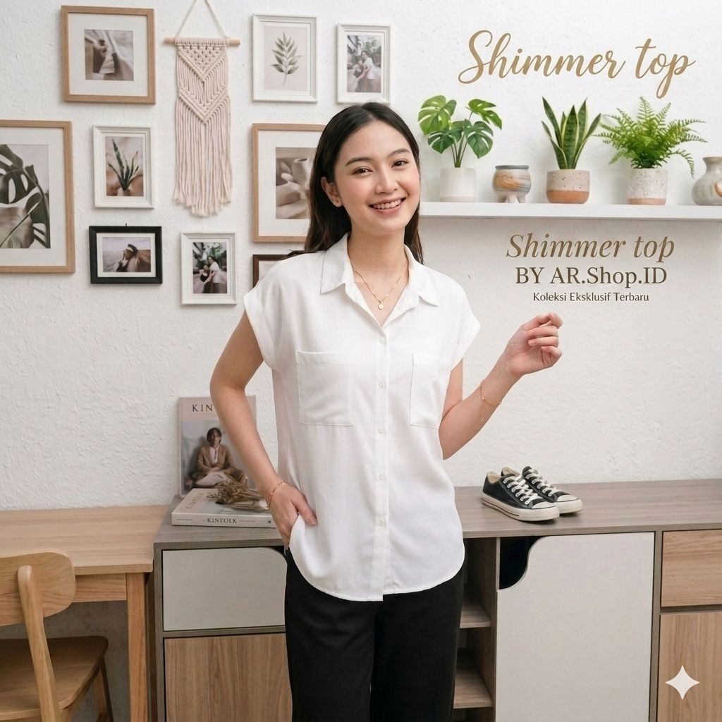 Shimmer Top Blouse - Baju Atasan Wanita - Kemeja Lengan Pendek - Shirt Casual Polos Korean Style Cew