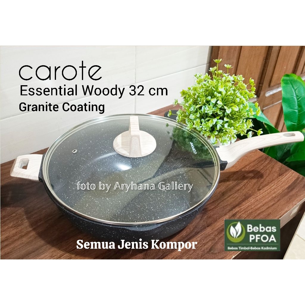 Original CAROTE Set Essential Woody Wajan Penggorengan 32 cm + Lid Kaca Granite Coating Lapisan Anti