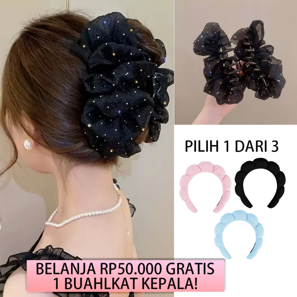 Jepit rambut pita besar ikat rambut elegan aksesoris jaring gaya Korea