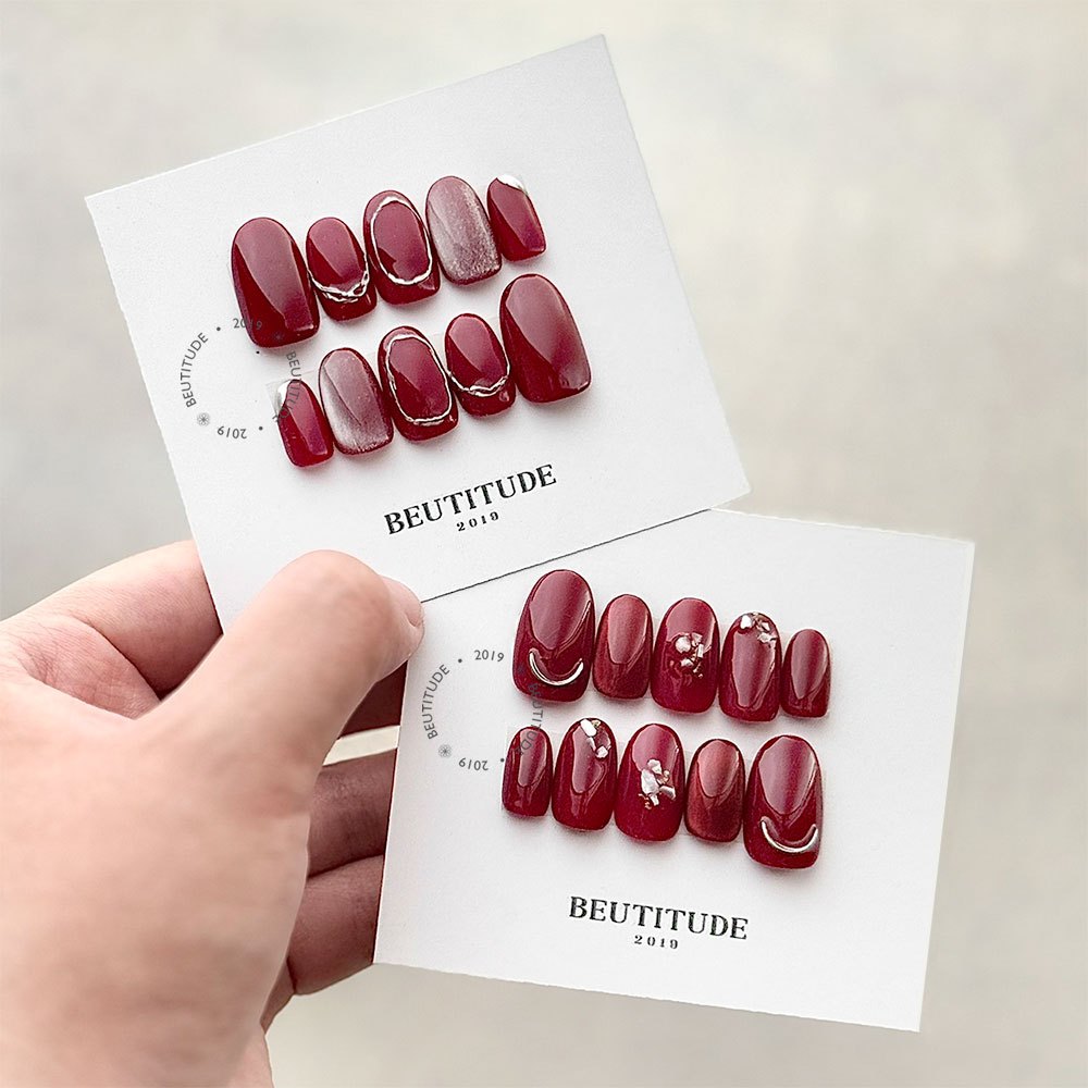 (READY) CUSTOM PREMIUM MAROON GOLD / SILVER PRESS ON NAILS | kuku palsu nailart nailarts 3d chrome m