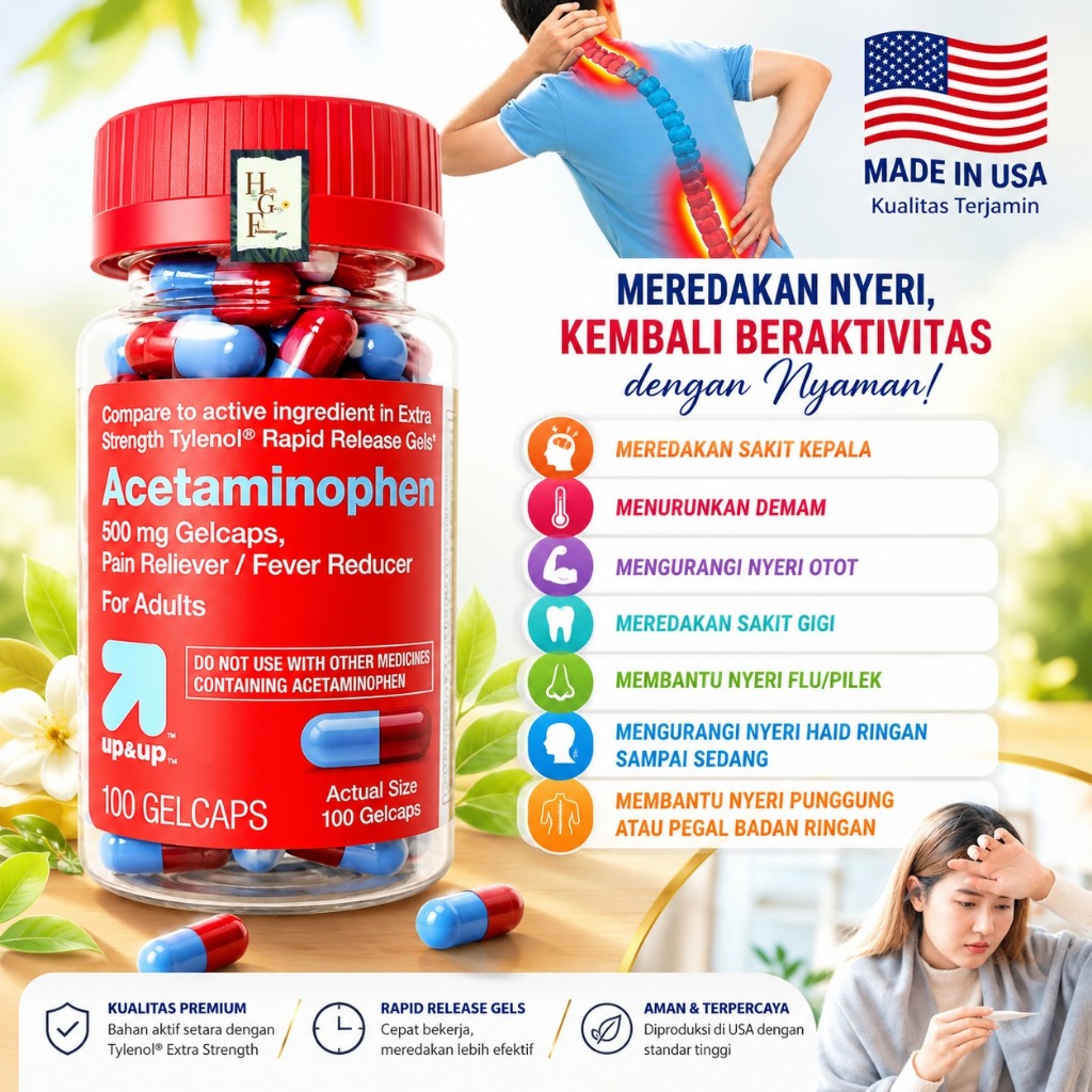 up&up Acetaminophen 500 mg Gelcaps isi 100 USA nyeri sendi, haid menstruasi USA AMERIKA