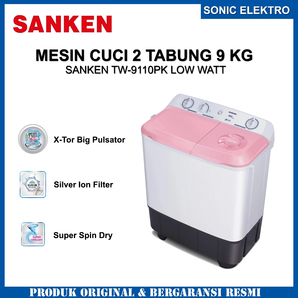 Sanken Mesin Cuci Dua Tabung 9Kg Hemat Daya Low Watt Garansi Resmi 5 Tahun - Type TW-9110PK