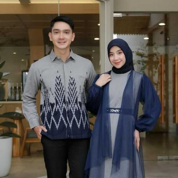 Gamis Dress Tenun Etnik Kombinasi Tile Premium Wanita Remaja Pesta Mewah Elegan Abu Navy