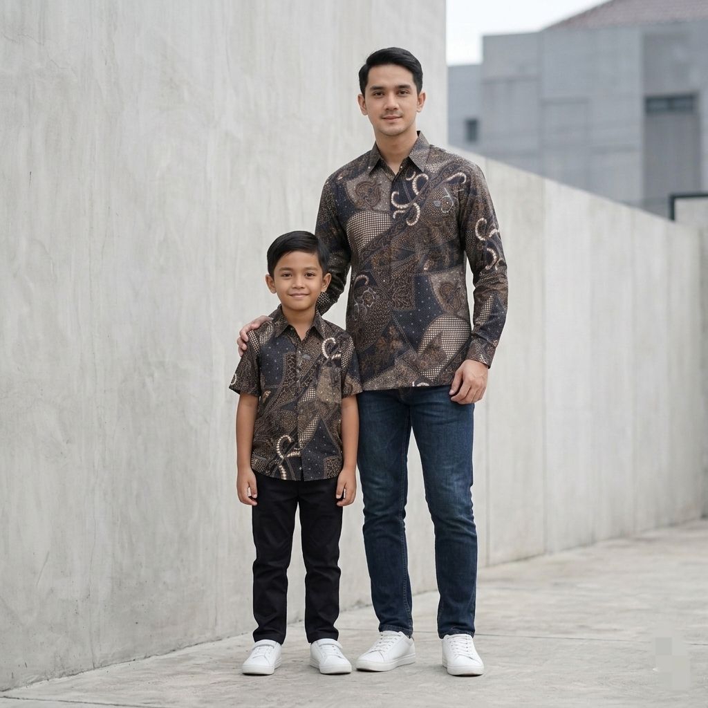 Batik Couple Ayah dan Anak Laki-Laki usia 4 -10 Tahun Bahan Katun Hitam - Fatih Batik Medan