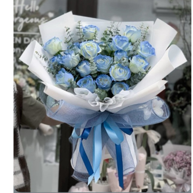 bouquet bunga flower putih biru buket bunga