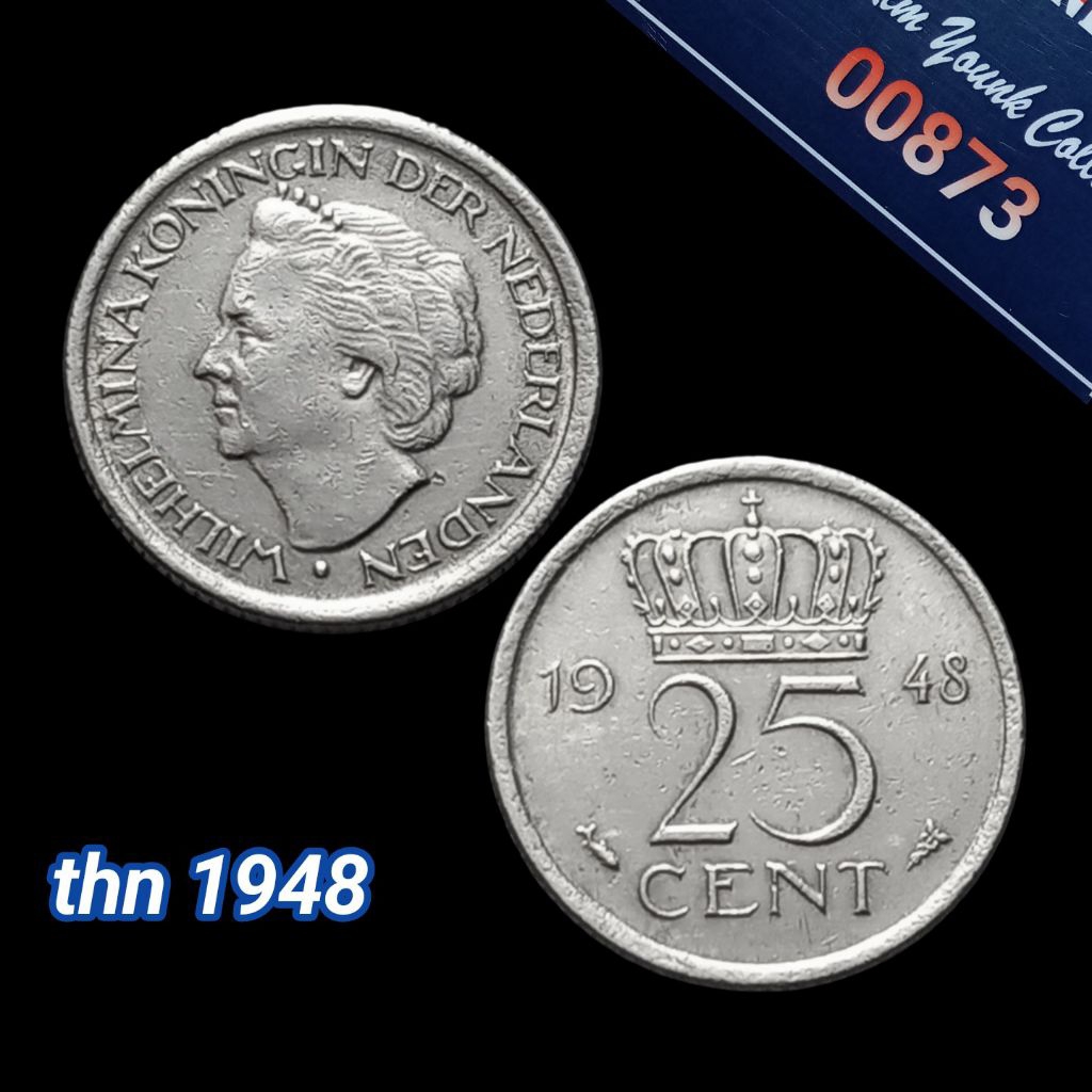 UKA048Coin 25 Cent (BELANDA) Wilhelmina Thn 1948 Langka Detail Bagus Sesuai Difoto