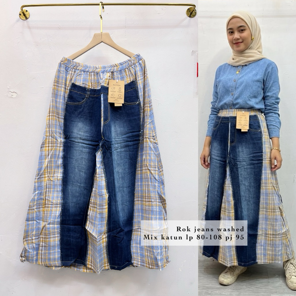 rok jeans import model kombinasi bahan katun mix jeans fit XL pj 95