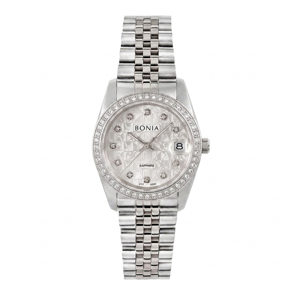 Jam Tangan Wanita Bonia Noble 32mm White Monogram Dial Stainless Steel Analog B10550-3316S Original