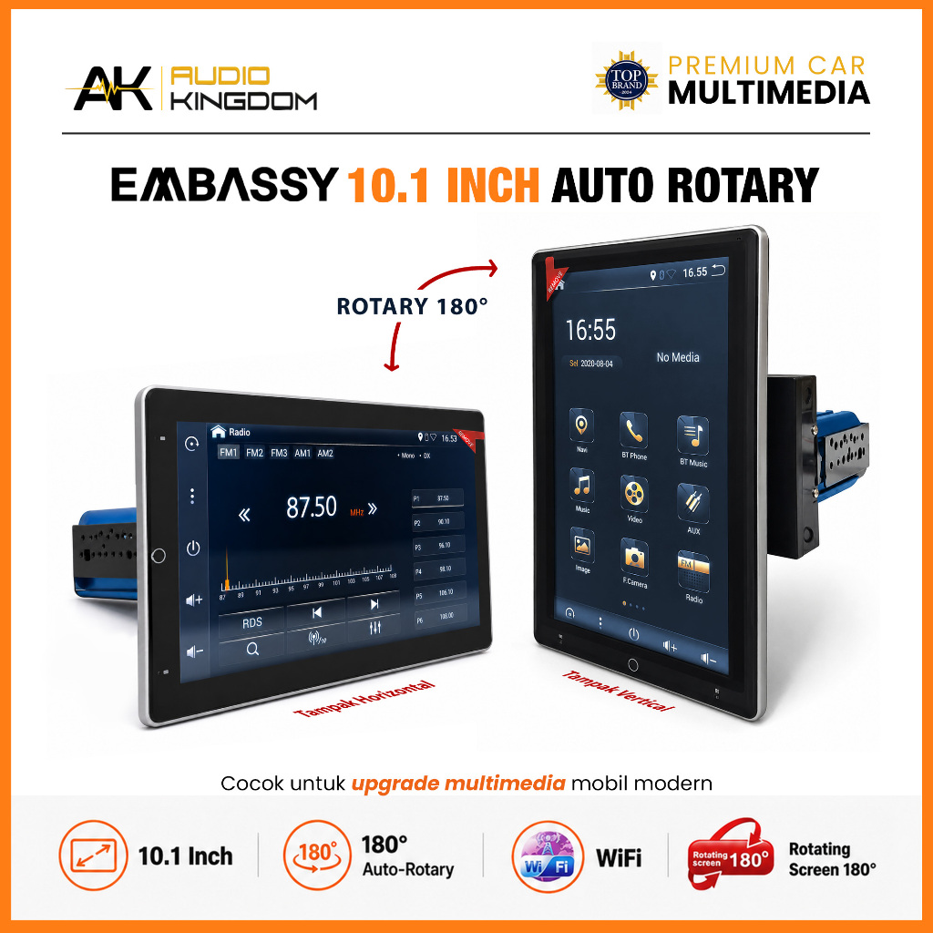 Head Unit Android Embassy 8803 Auto Rotary 10 Inch RAM 2/32GB Octa Core DSP